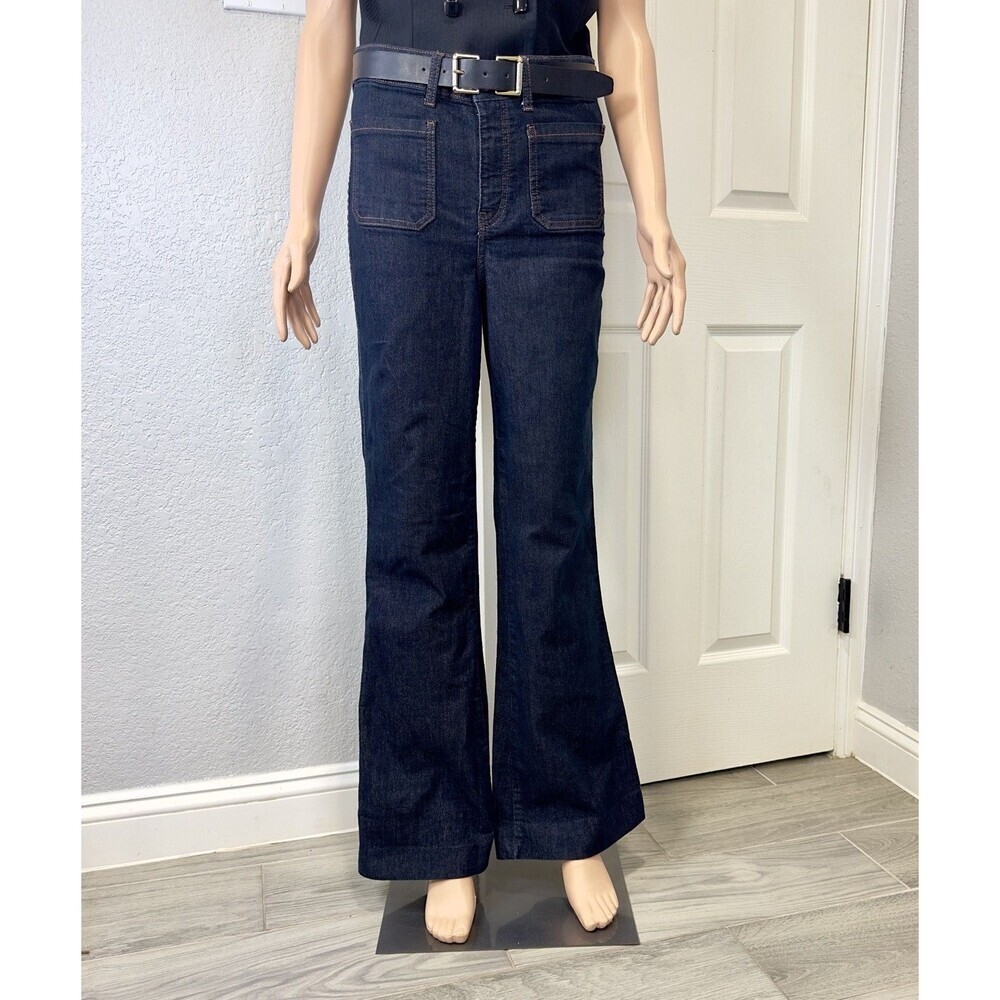 Maeve Anthropologie High Rise Flare Jeans Dark Wash Front Patch Pocket Sz 28